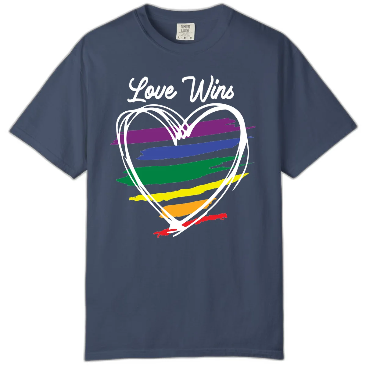 Hand-drawn white heart outline filled with rainbow horizontal stripes in purple, blue, green, yellow, orange, and red with 'Love Wins' text above in Midnight