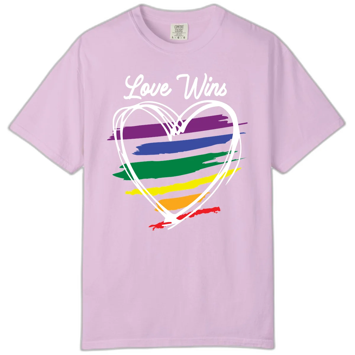 Hand-drawn white heart outline filled with rainbow horizontal stripes in purple, blue, green, yellow, orange, and red with 'Love Wins' text above in Orchid