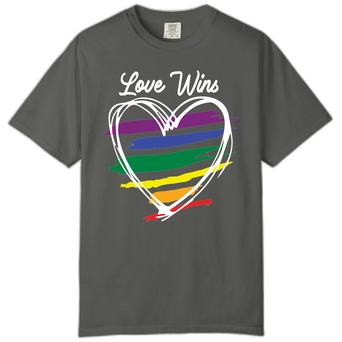 Hand-drawn white heart outline filled with rainbow horizontal stripes in purple, blue, green, yellow, orange, and red with 'Love Wins' text above in Pepper