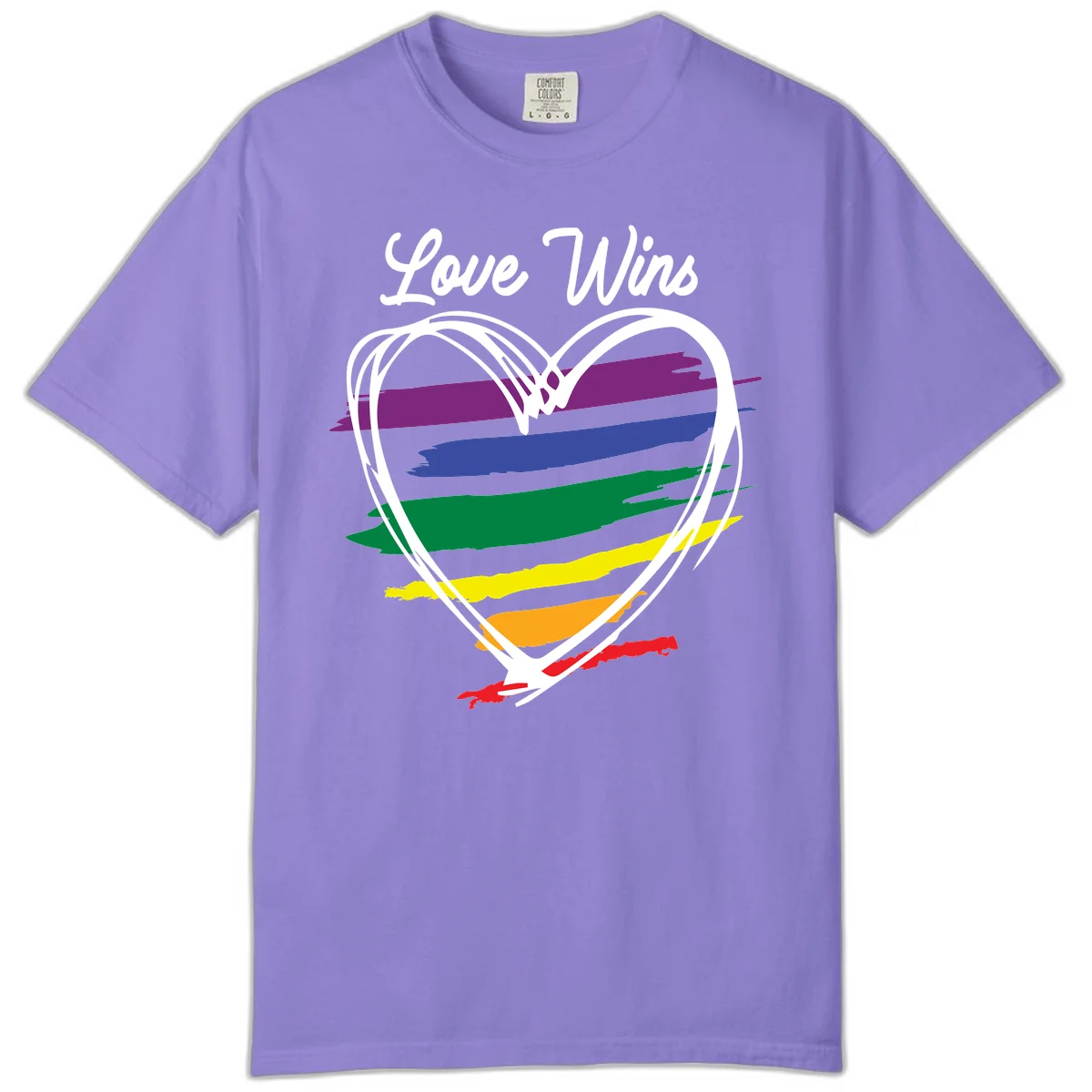 Hand-drawn white heart outline filled with rainbow horizontal stripes in purple, blue, green, yellow, orange, and red with 'Love Wins' text above in Violet