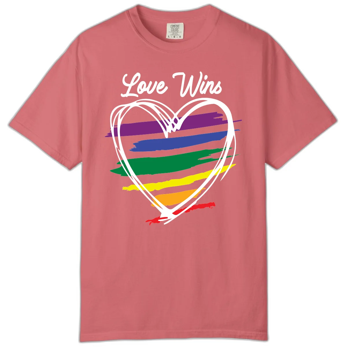 Hand-drawn white heart outline filled with rainbow horizontal stripes in purple, blue, green, yellow, orange, and red with 'Love Wins' text above in Watermelon