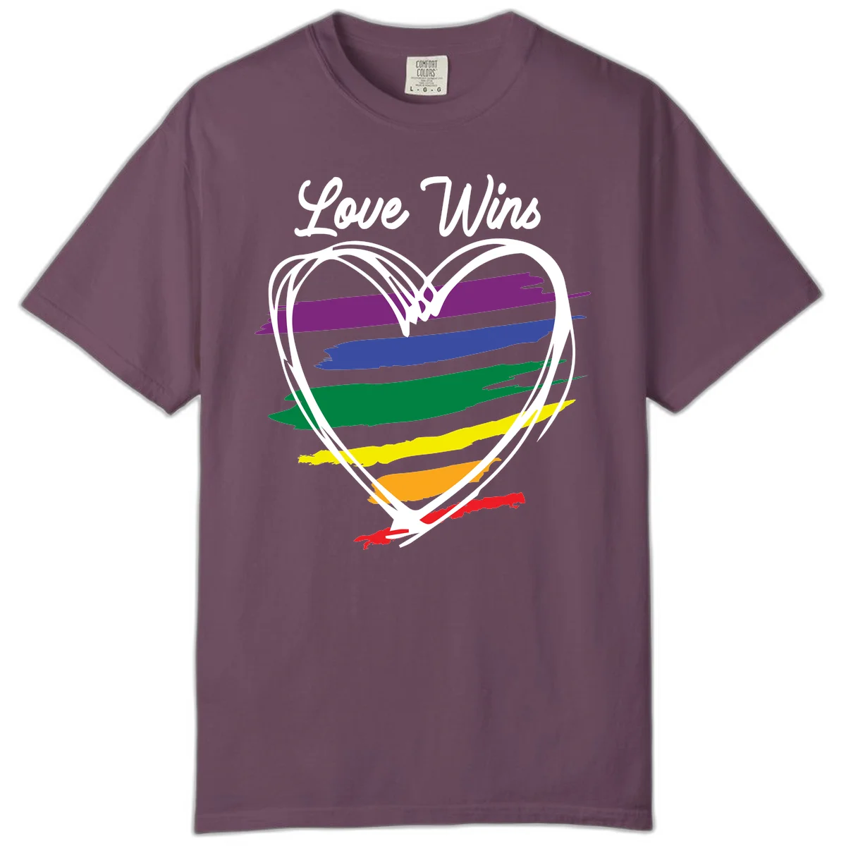 Hand-drawn white heart outline filled with rainbow horizontal stripes in purple, blue, green, yellow, orange, and red with 'Love Wins' text above in Berry