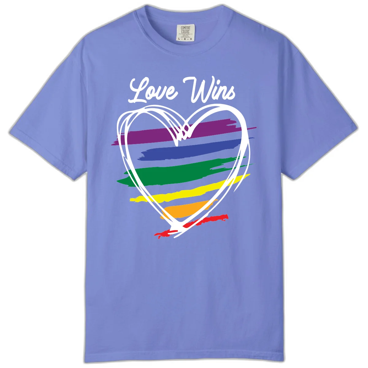 Hand-drawn white heart outline filled with rainbow horizontal stripes in purple, blue, green, yellow, orange, and red with 'Love Wins' text above in Flo Blue