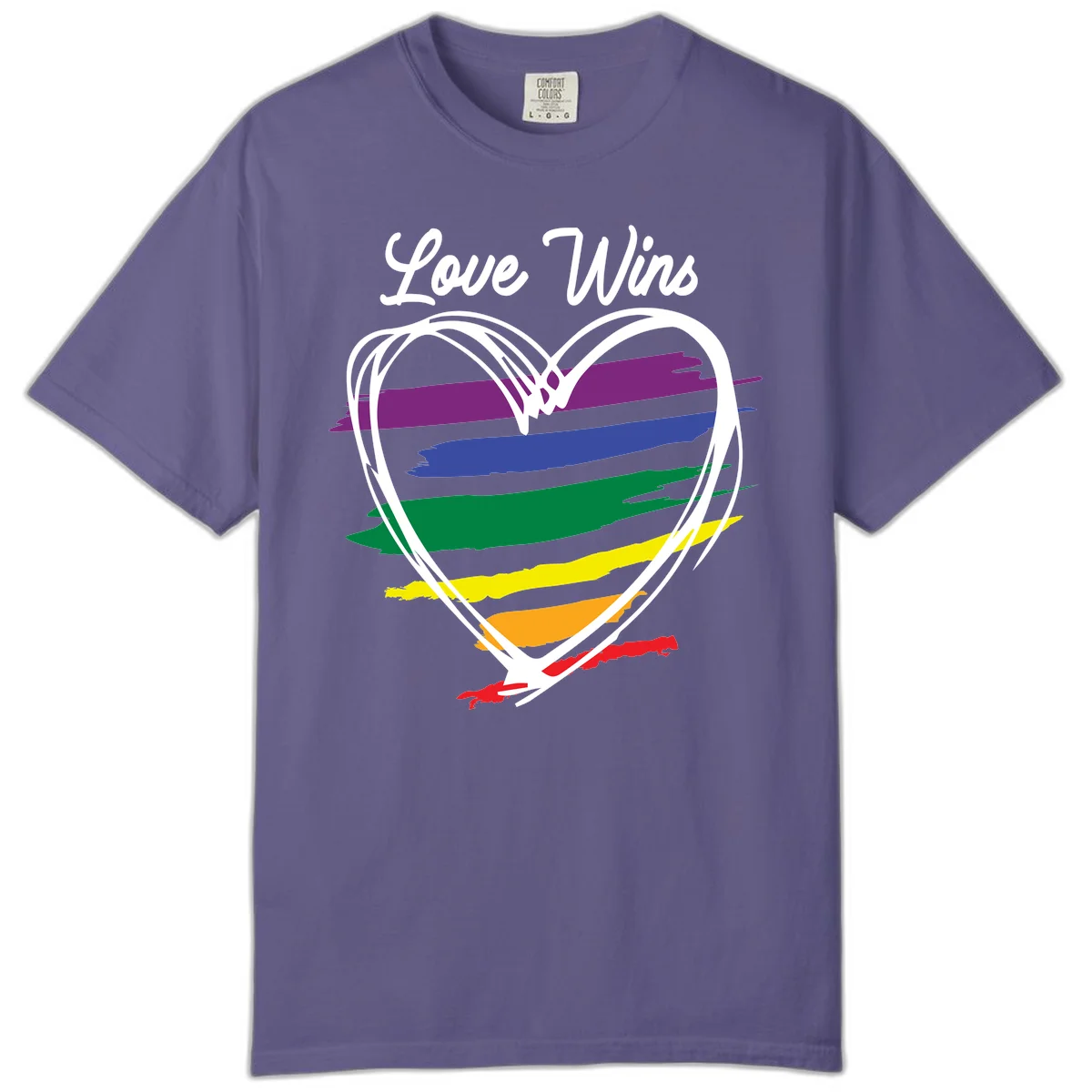 Hand-drawn white heart outline filled with rainbow horizontal stripes in purple, blue, green, yellow, orange, and red with 'Love Wins' text above in Grape