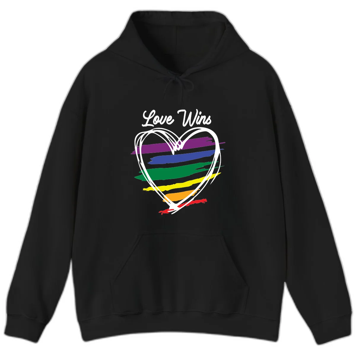 Hand-drawn white heart outline filled with rainbow horizontal stripes in purple, blue, green, yellow, orange, and red with 'Love Wins' text above in Black