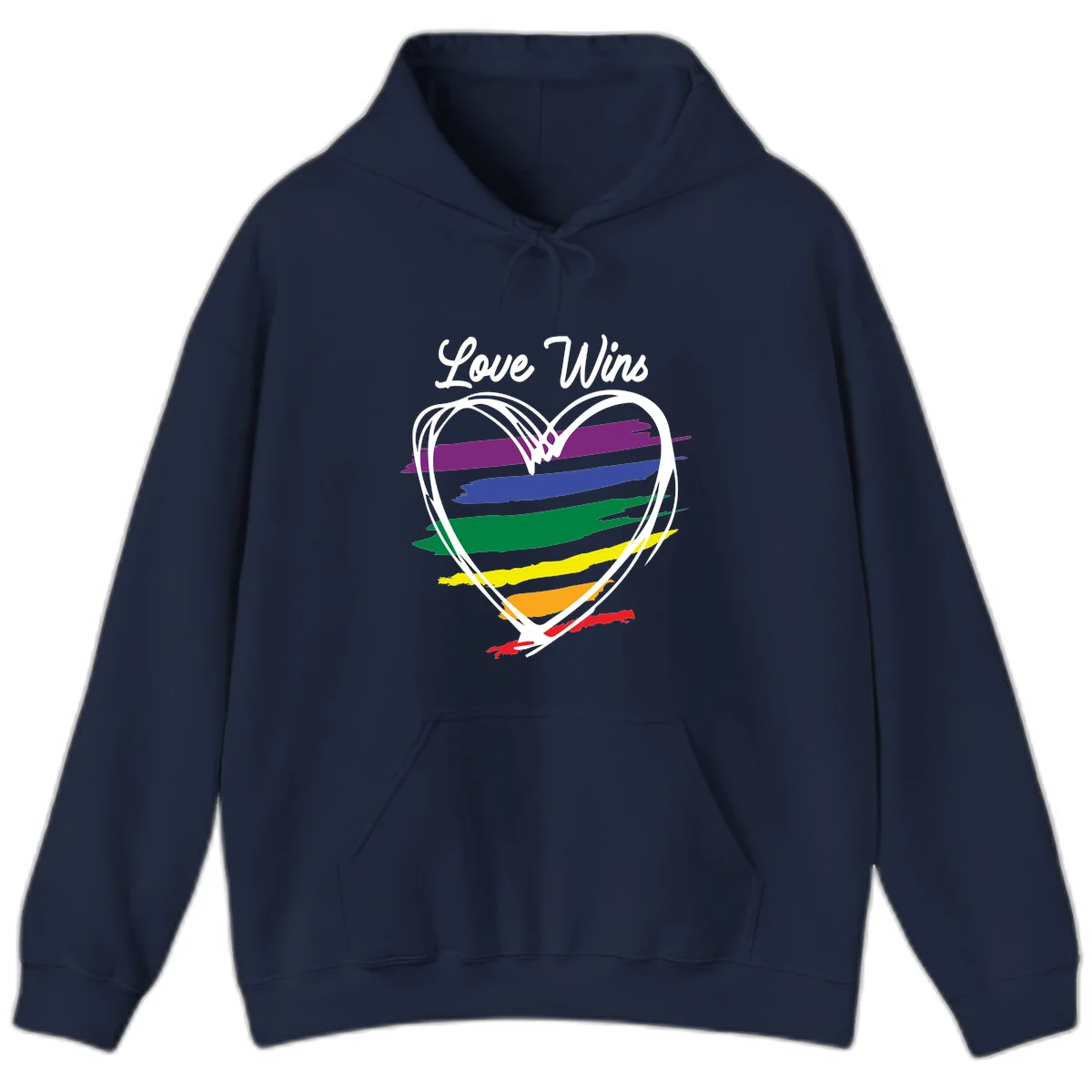 Hand-drawn white heart outline filled with rainbow horizontal stripes in purple, blue, green, yellow, orange, and red with 'Love Wins' text above in Navy