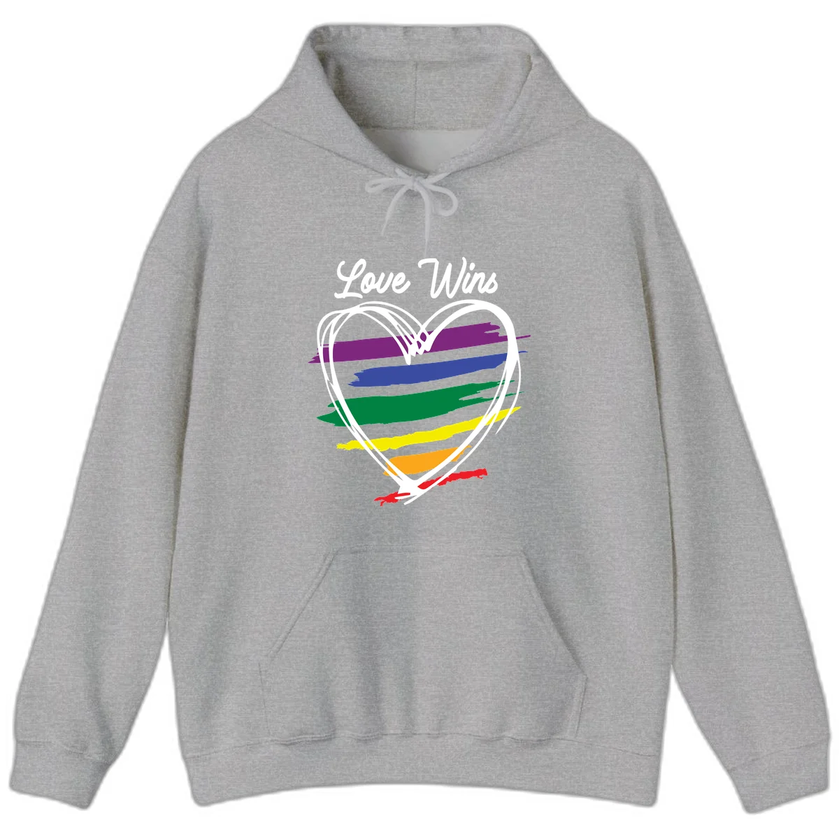 Hand-drawn white heart outline filled with rainbow horizontal stripes in purple, blue, green, yellow, orange, and red with 'Love Wins' text above in Sport Grey