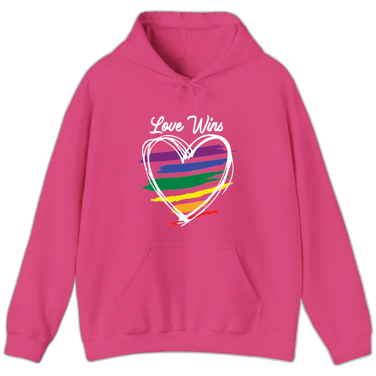 Hand-drawn white heart outline filled with rainbow horizontal stripes in purple, blue, green, yellow, orange, and red with 'Love Wins' text above in Heliconia