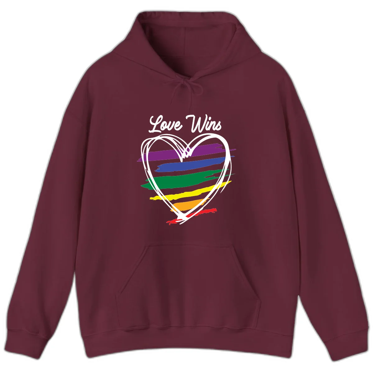 Hand-drawn white heart outline filled with rainbow horizontal stripes in purple, blue, green, yellow, orange, and red with 'Love Wins' text above in Maroon