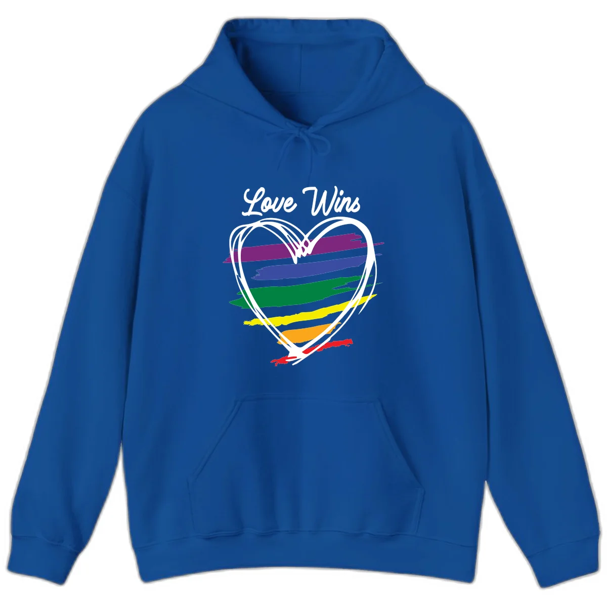 Hand-drawn white heart outline filled with rainbow horizontal stripes in purple, blue, green, yellow, orange, and red with 'Love Wins' text above in Royal