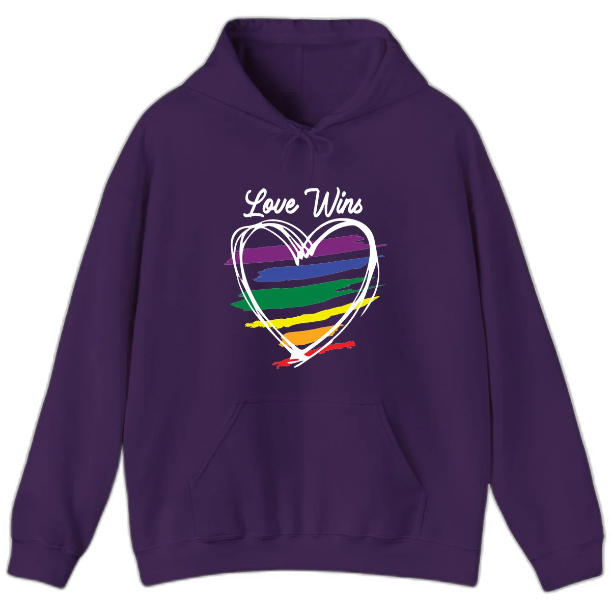 Hand-drawn white heart outline filled with rainbow horizontal stripes in purple, blue, green, yellow, orange, and red with 'Love Wins' text above in Purple