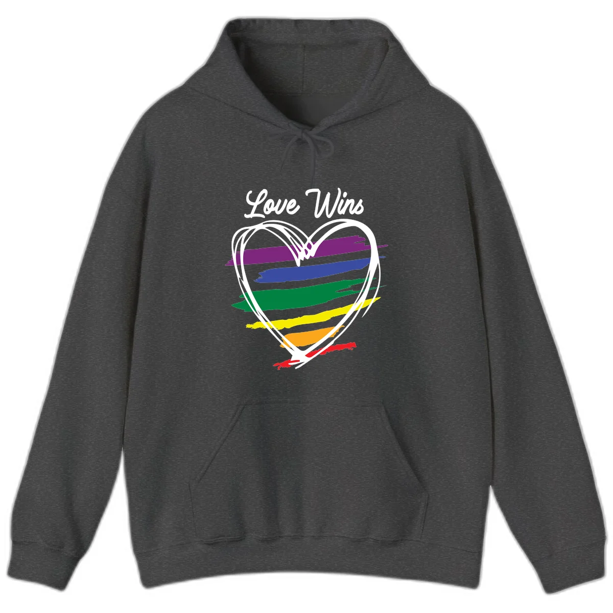Hand-drawn white heart outline filled with rainbow horizontal stripes in purple, blue, green, yellow, orange, and red with 'Love Wins' text above in Dark Heather