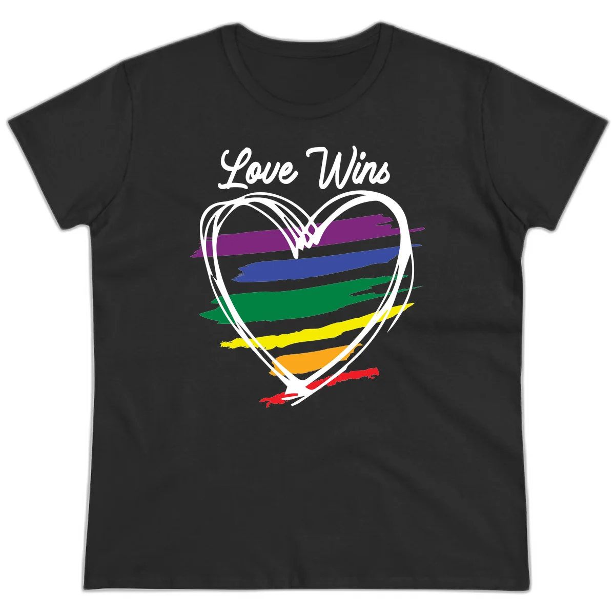 Hand-drawn white heart outline filled with rainbow horizontal stripes in purple, blue, green, yellow, orange, and red with 'Love Wins' text above in Black