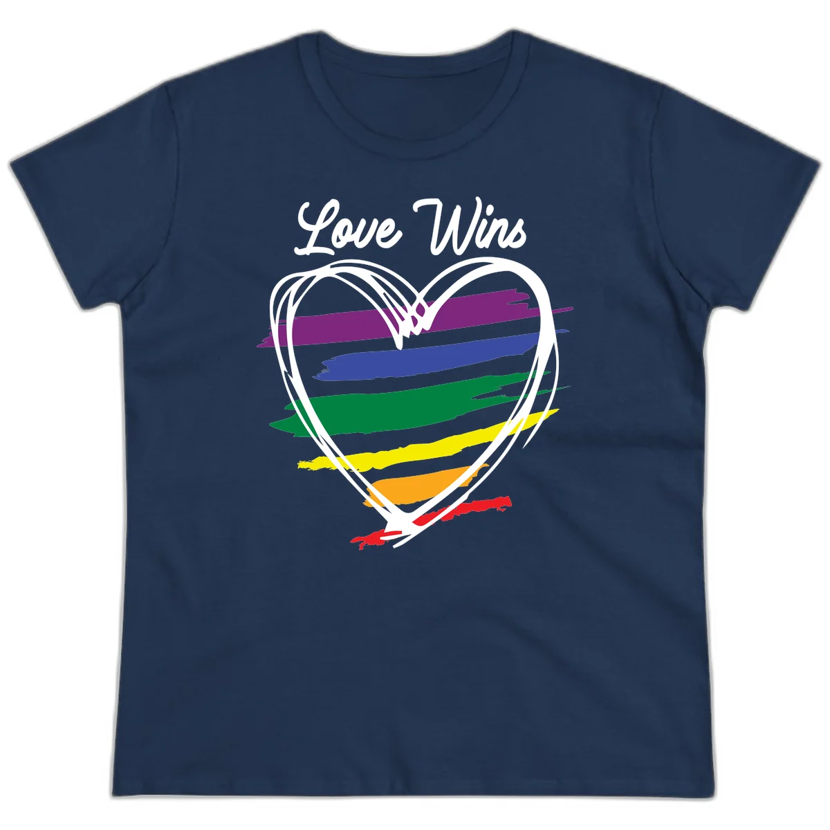 Hand-drawn white heart outline filled with rainbow horizontal stripes in purple, blue, green, yellow, orange, and red with 'Love Wins' text above in Navy