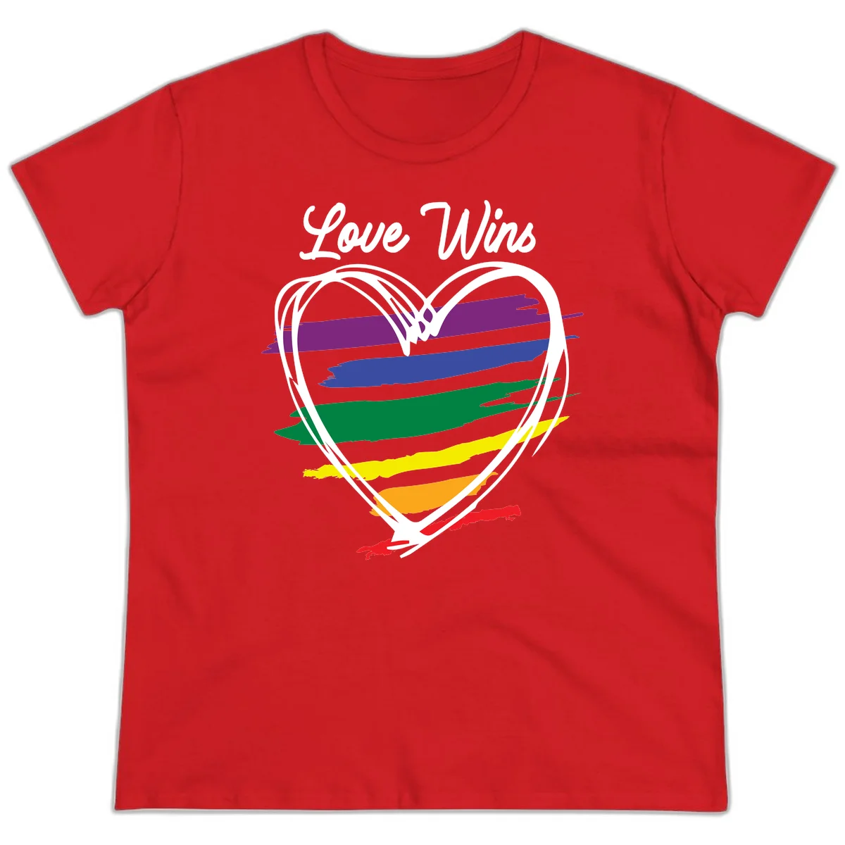 Hand-drawn white heart outline filled with rainbow horizontal stripes in purple, blue, green, yellow, orange, and red with 'Love Wins' text above in Red