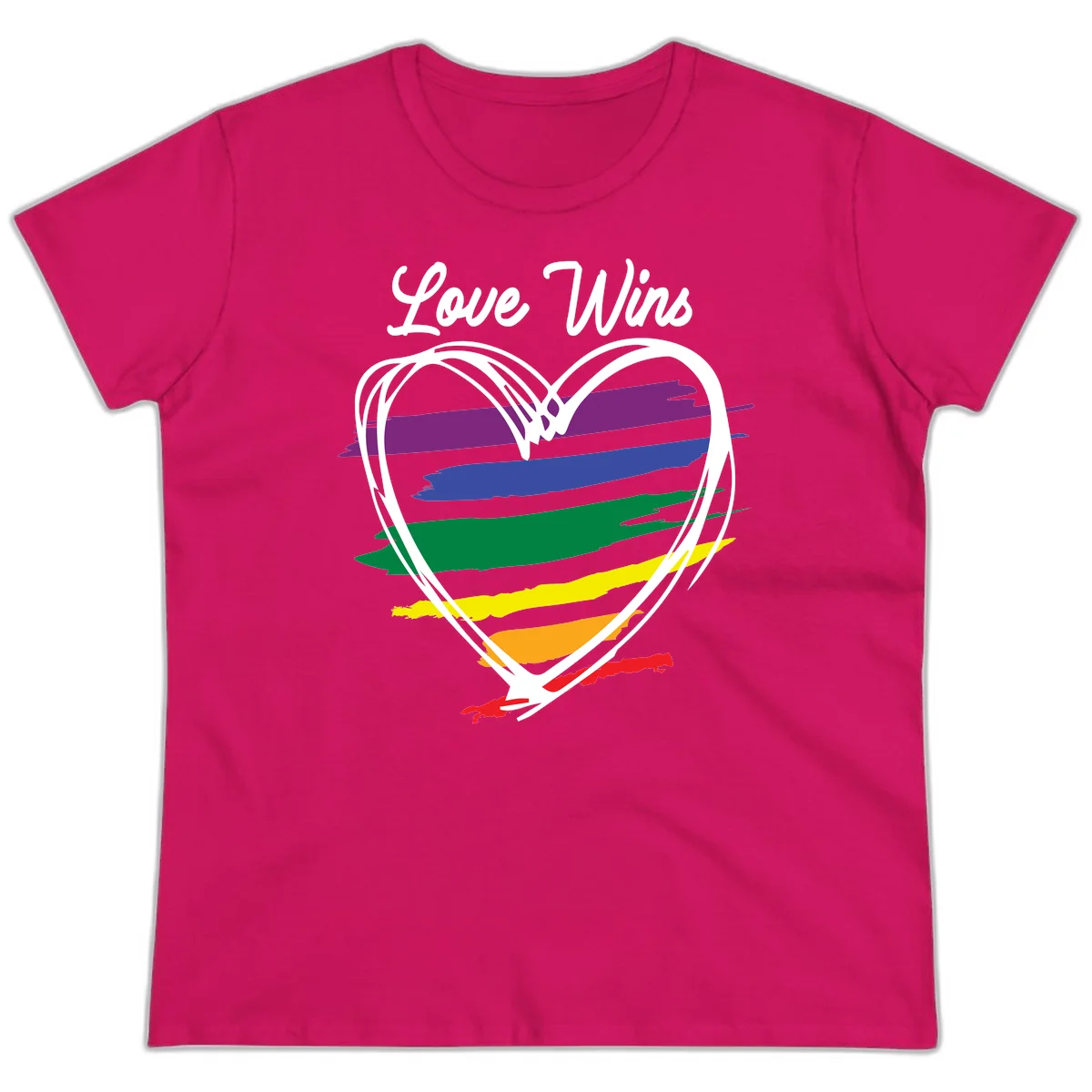 Hand-drawn white heart outline filled with rainbow horizontal stripes in purple, blue, green, yellow, orange, and red with 'Love Wins' text above in Heliconia