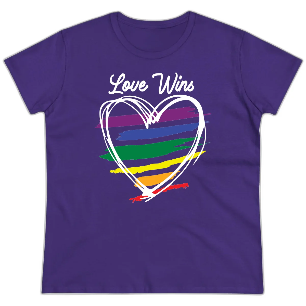 Hand-drawn white heart outline filled with rainbow horizontal stripes in purple, blue, green, yellow, orange, and red with 'Love Wins' text above in Purple