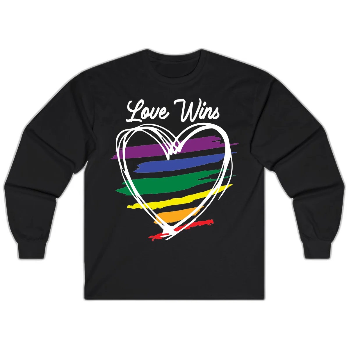 Hand-drawn white heart outline filled with rainbow horizontal stripes in purple, blue, green, yellow, orange, and red with 'Love Wins' text above in Black