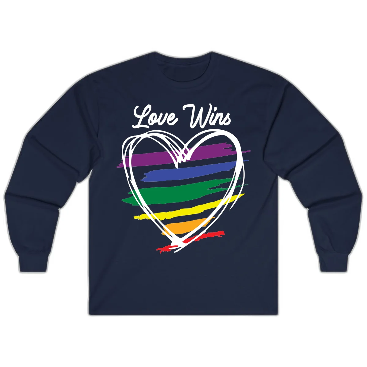 Hand-drawn white heart outline filled with rainbow horizontal stripes in purple, blue, green, yellow, orange, and red with 'Love Wins' text above in Navy
