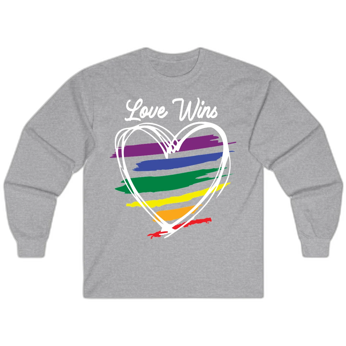 Hand-drawn white heart outline filled with rainbow horizontal stripes in purple, blue, green, yellow, orange, and red with 'Love Wins' text above in Sport Grey