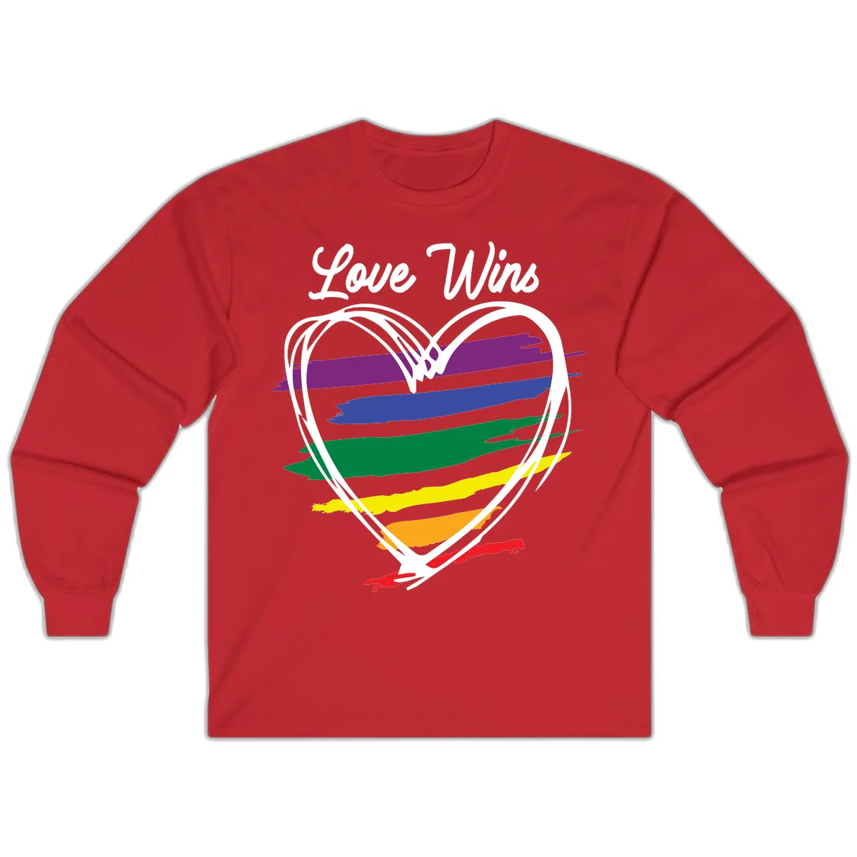 Hand-drawn white heart outline filled with rainbow horizontal stripes in purple, blue, green, yellow, orange, and red with 'Love Wins' text above in Red