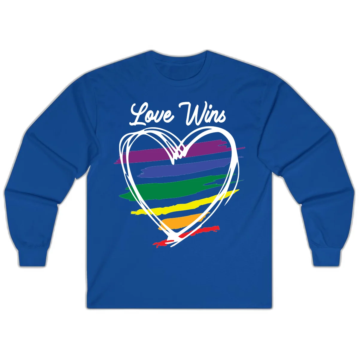 Hand-drawn white heart outline filled with rainbow horizontal stripes in purple, blue, green, yellow, orange, and red with 'Love Wins' text above in Royal