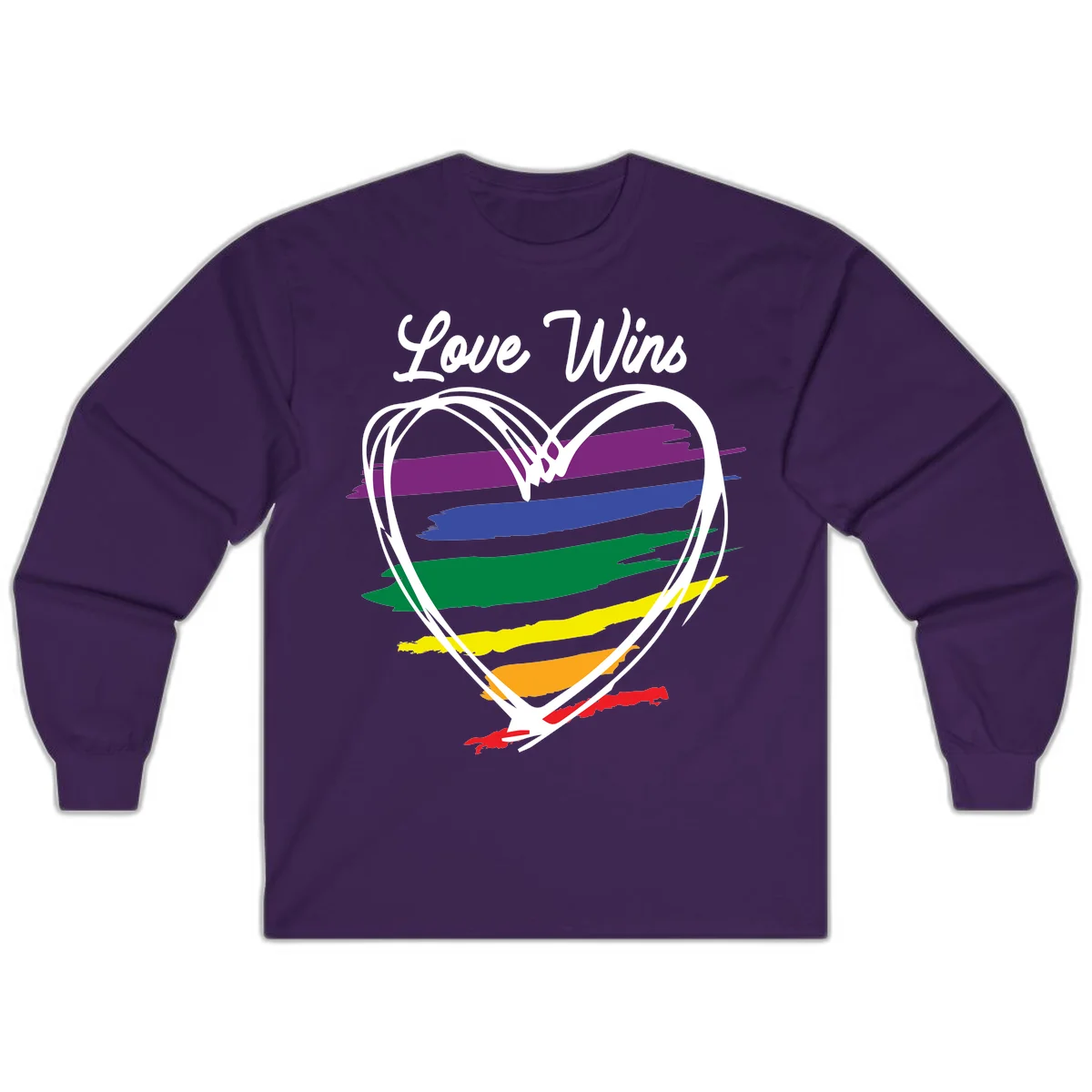 Hand-drawn white heart outline filled with rainbow horizontal stripes in purple, blue, green, yellow, orange, and red with 'Love Wins' text above in Purple