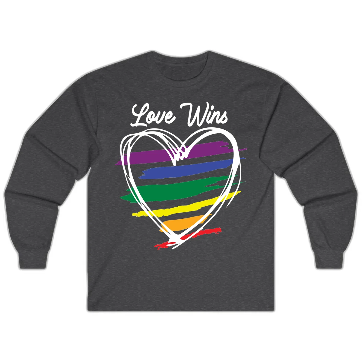 Hand-drawn white heart outline filled with rainbow horizontal stripes in purple, blue, green, yellow, orange, and red with 'Love Wins' text above in Dark Heather