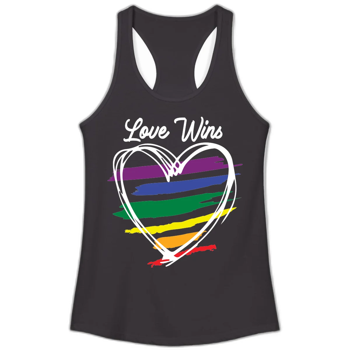 Hand-drawn white heart outline filled with rainbow horizontal stripes in purple, blue, green, yellow, orange, and red with 'Love Wins' text above in Black