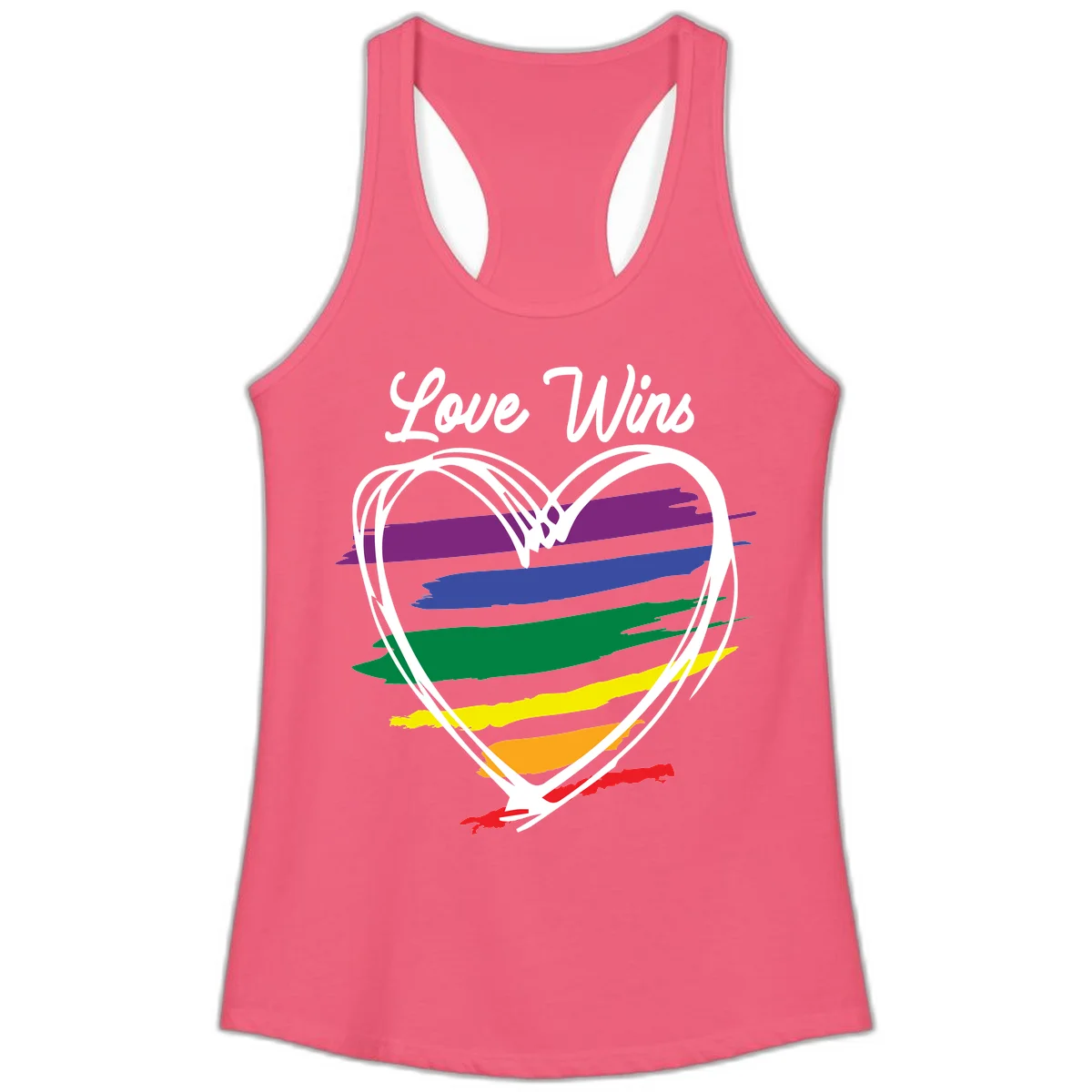 Hand-drawn white heart outline filled with rainbow horizontal stripes in purple, blue, green, yellow, orange, and red with 'Love Wins' text above in Hot Pink