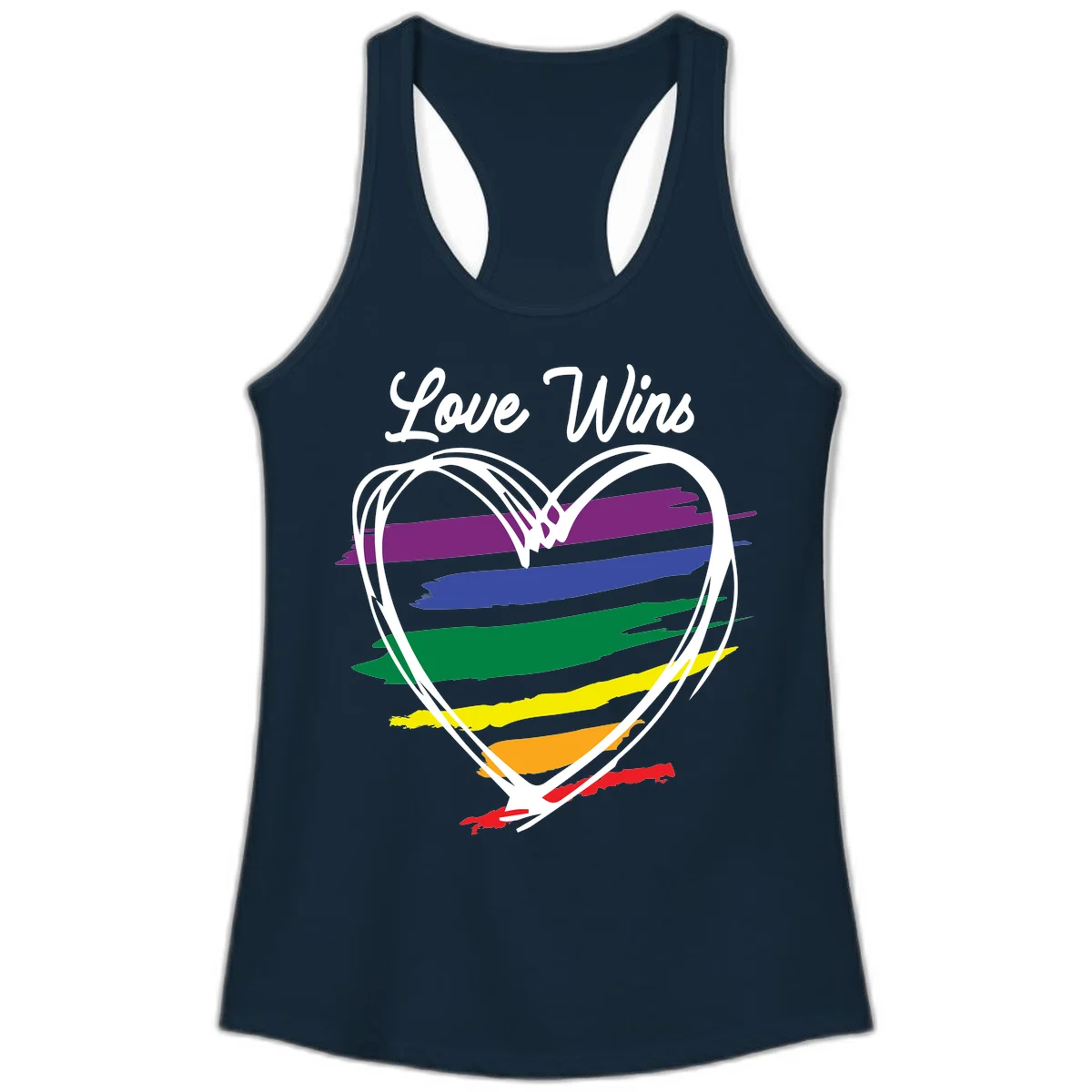 Hand-drawn white heart outline filled with rainbow horizontal stripes in purple, blue, green, yellow, orange, and red with 'Love Wins' text above in Solid Midnight Navy