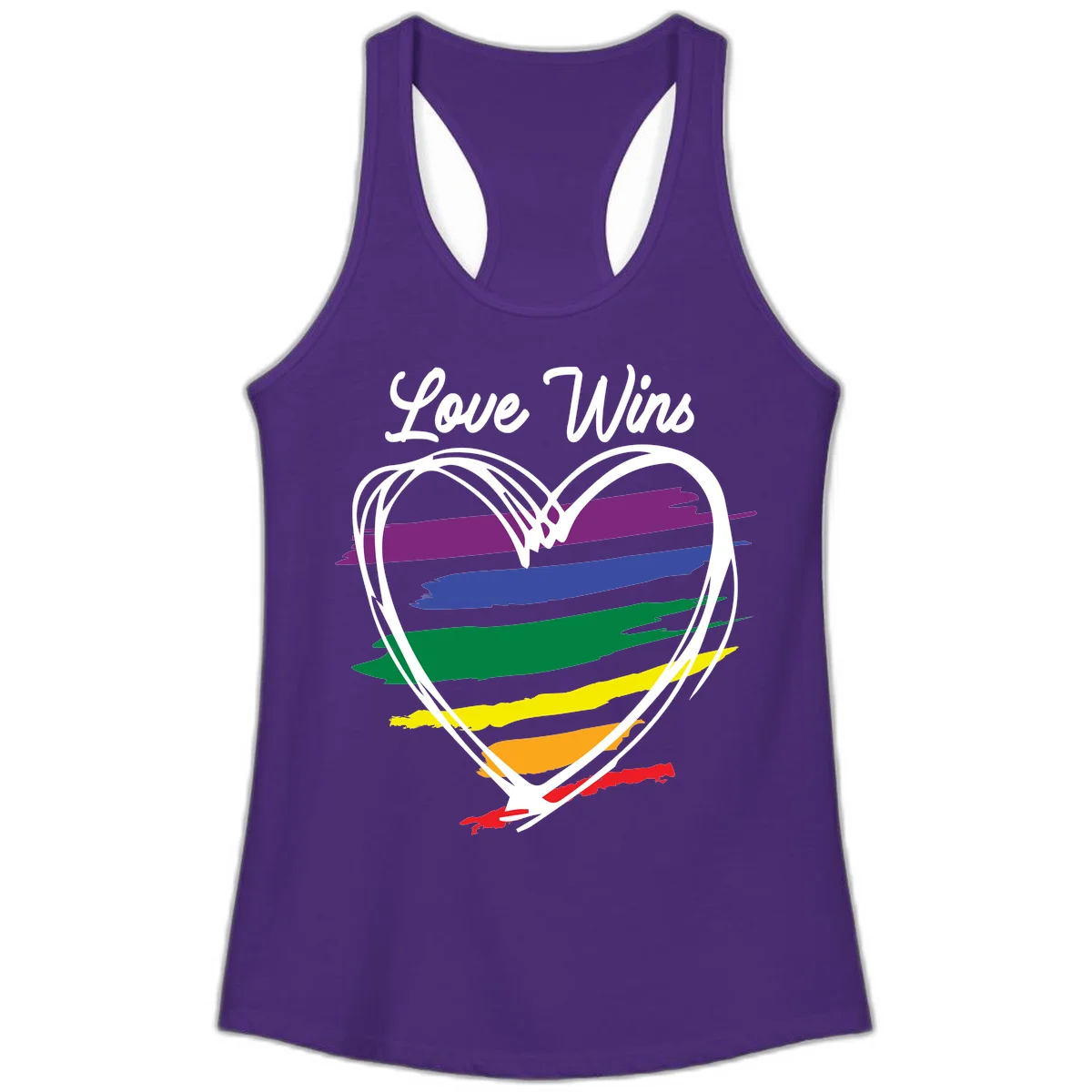 Hand-drawn white heart outline filled with rainbow horizontal stripes in purple, blue, green, yellow, orange, and red with 'Love Wins' text above in Solid Purple Rush