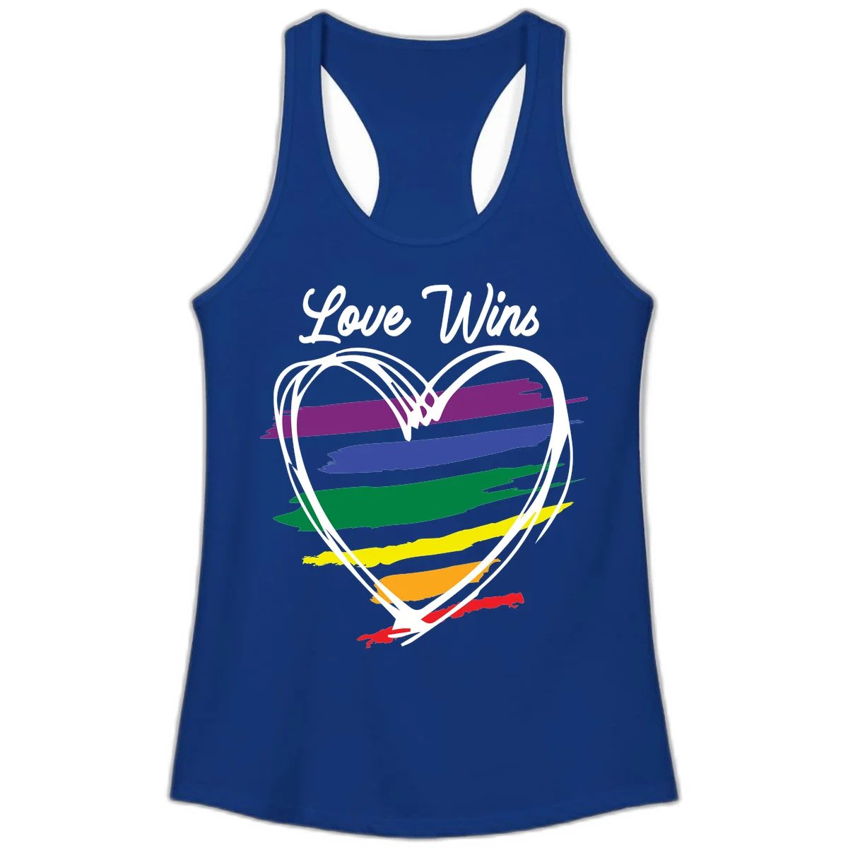 Hand-drawn white heart outline filled with rainbow horizontal stripes in purple, blue, green, yellow, orange, and red with 'Love Wins' text above in Solid Royal
