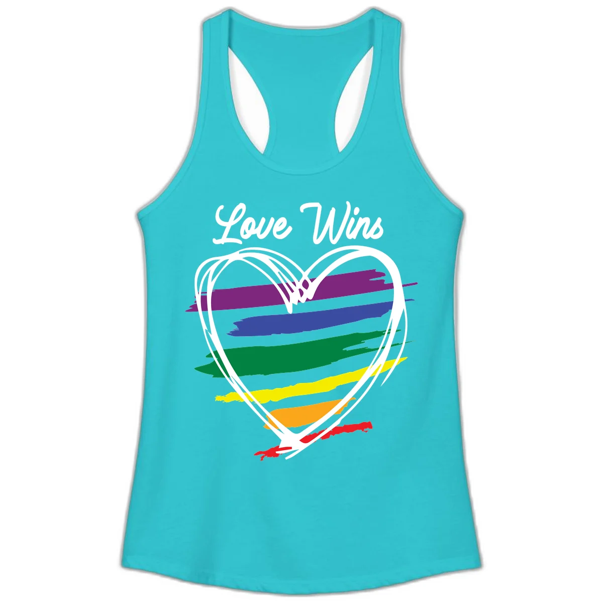 Hand-drawn white heart outline filled with rainbow horizontal stripes in purple, blue, green, yellow, orange, and red with 'Love Wins' text above in Solid Tahiti Blue