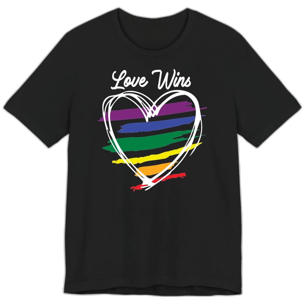 Hand-drawn white heart outline filled with rainbow horizontal stripes in purple, blue, green, yellow, orange, and red with 'Love Wins' text above in Black