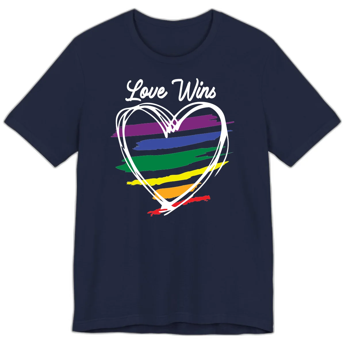 Hand-drawn white heart outline filled with rainbow horizontal stripes in purple, blue, green, yellow, orange, and red with 'Love Wins' text above in Navy