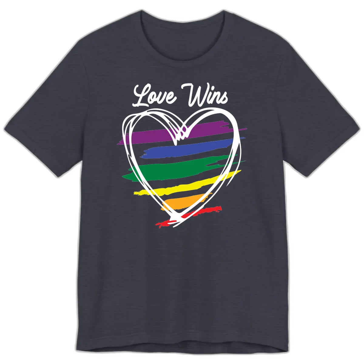 Hand-drawn white heart outline filled with rainbow horizontal stripes in purple, blue, green, yellow, orange, and red with 'Love Wins' text above in Heather Midnight Navy