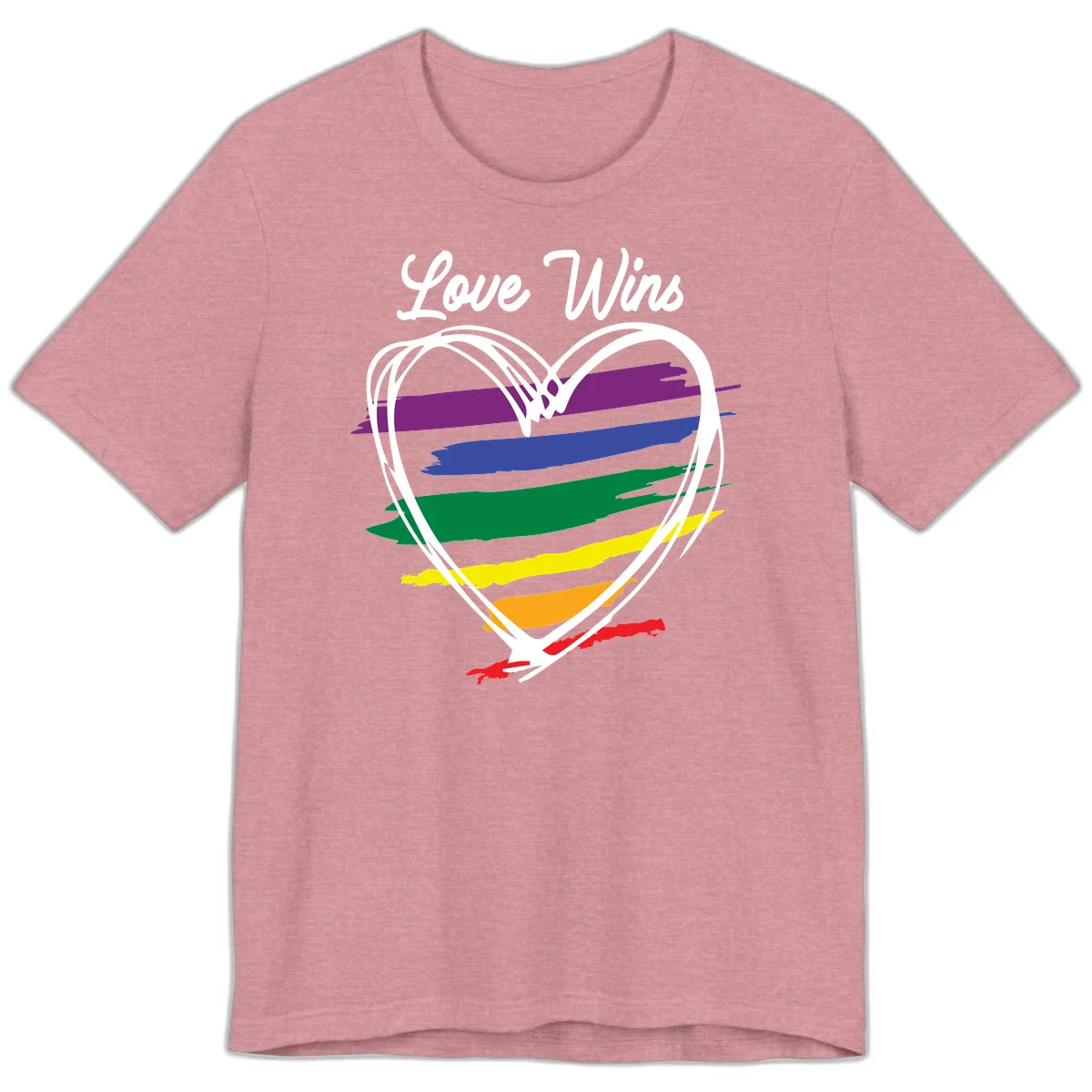 Hand-drawn white heart outline filled with rainbow horizontal stripes in purple, blue, green, yellow, orange, and red with 'Love Wins' text above in Heather Orchid