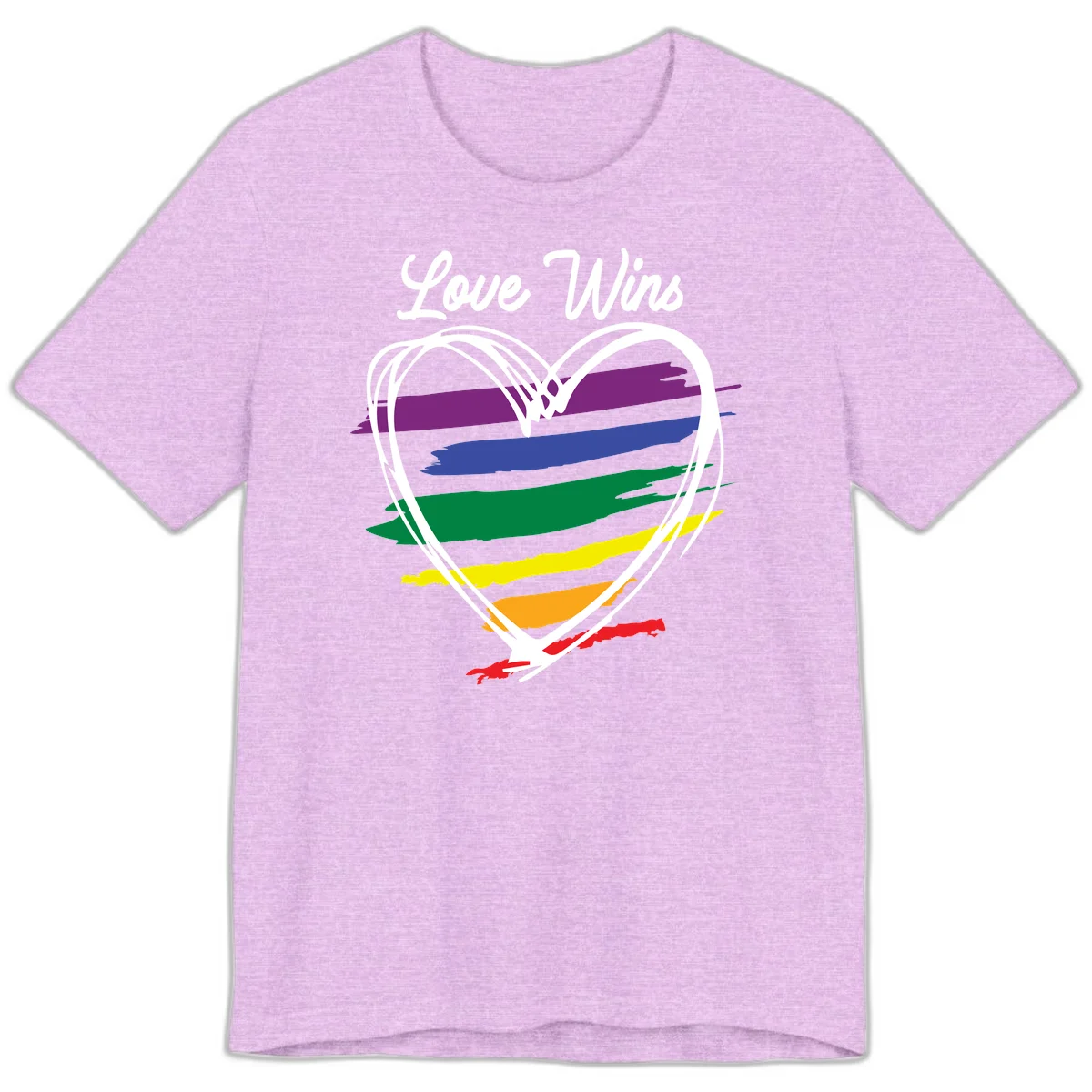 Hand-drawn white heart outline filled with rainbow horizontal stripes in purple, blue, green, yellow, orange, and red with 'Love Wins' text above in Heather Prism Lilac
