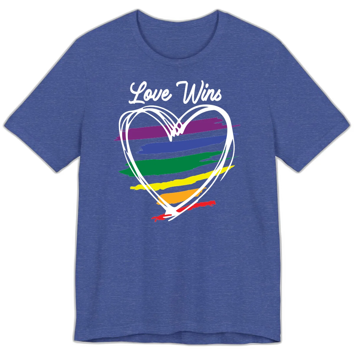 Hand-drawn white heart outline filled with rainbow horizontal stripes in purple, blue, green, yellow, orange, and red with 'Love Wins' text above in Heather True Royal