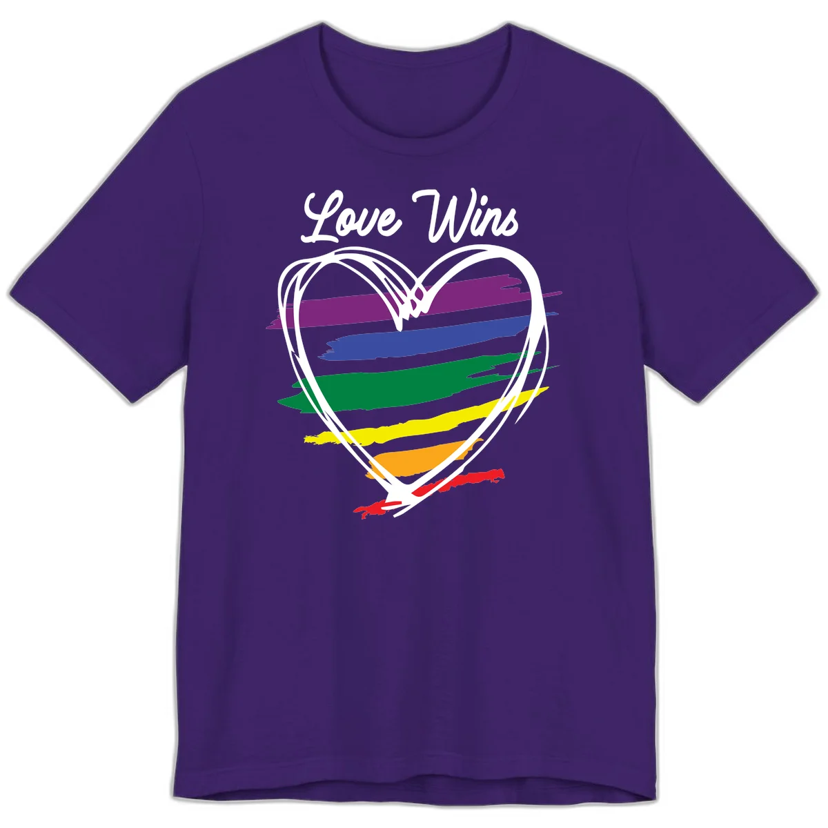 Hand-drawn white heart outline filled with rainbow horizontal stripes in purple, blue, green, yellow, orange, and red with 'Love Wins' text above in Team Purple