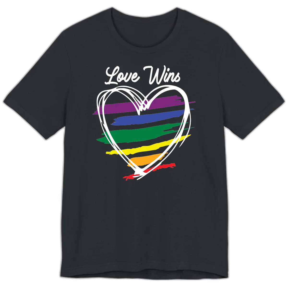 Hand-drawn white heart outline filled with rainbow horizontal stripes in purple, blue, green, yellow, orange, and red with 'Love Wins' text above in Vintage Black