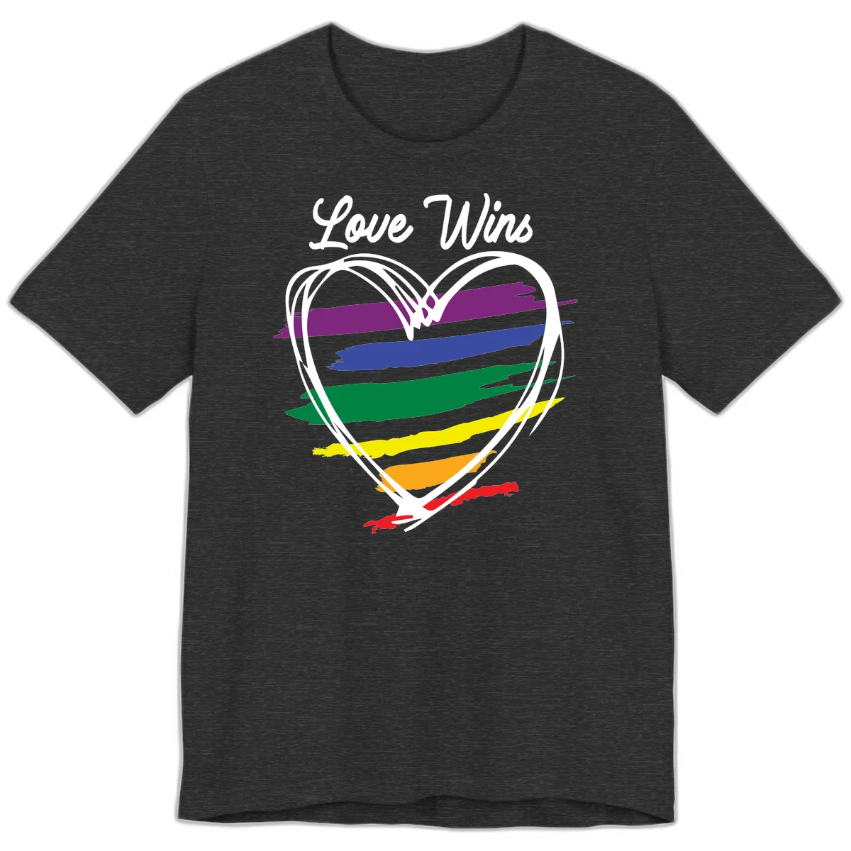 Hand-drawn white heart outline filled with rainbow horizontal stripes in purple, blue, green, yellow, orange, and red with 'Love Wins' text above in Dark Grey Heather