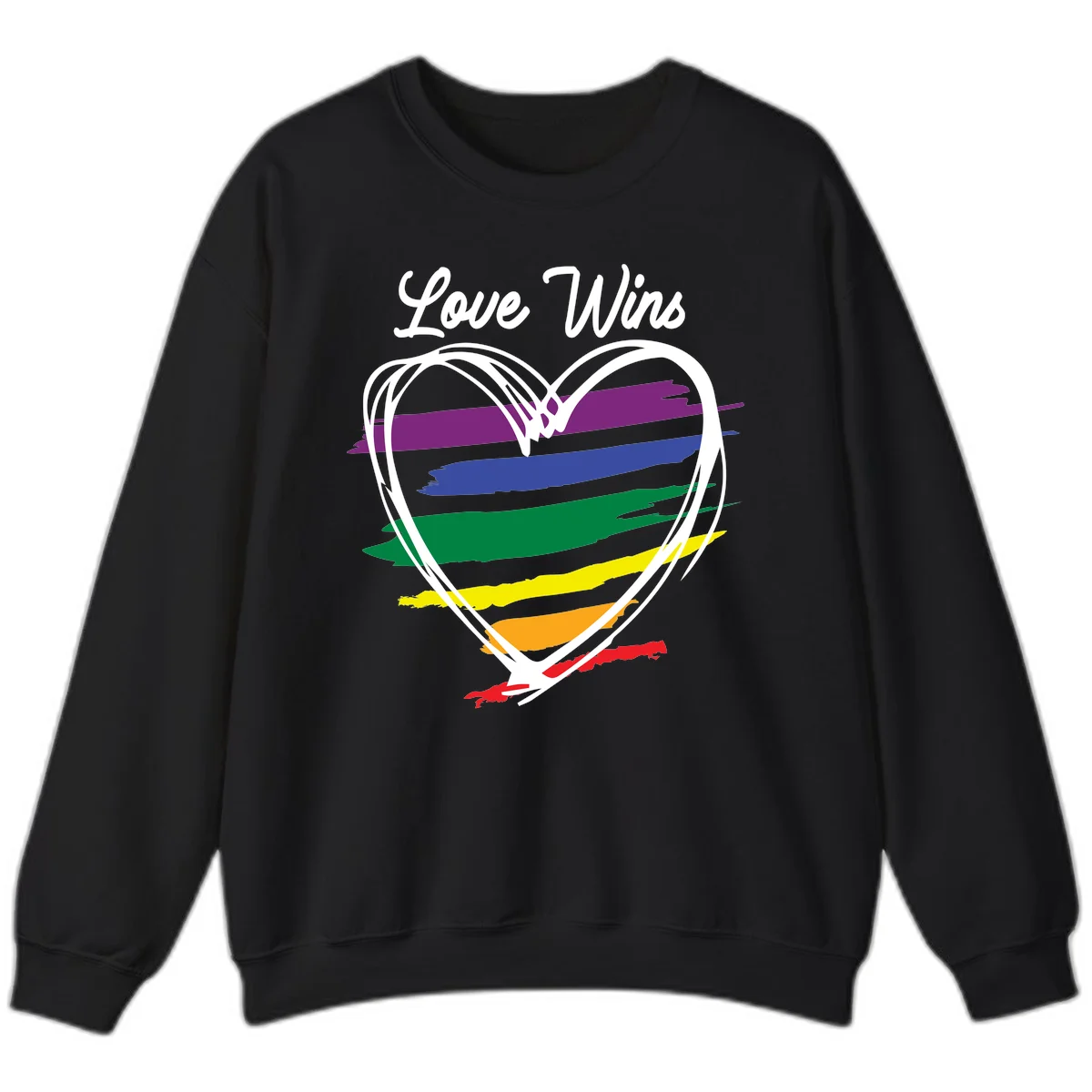 Hand-drawn white heart outline filled with rainbow horizontal stripes in purple, blue, green, yellow, orange, and red with 'Love Wins' text above in Black