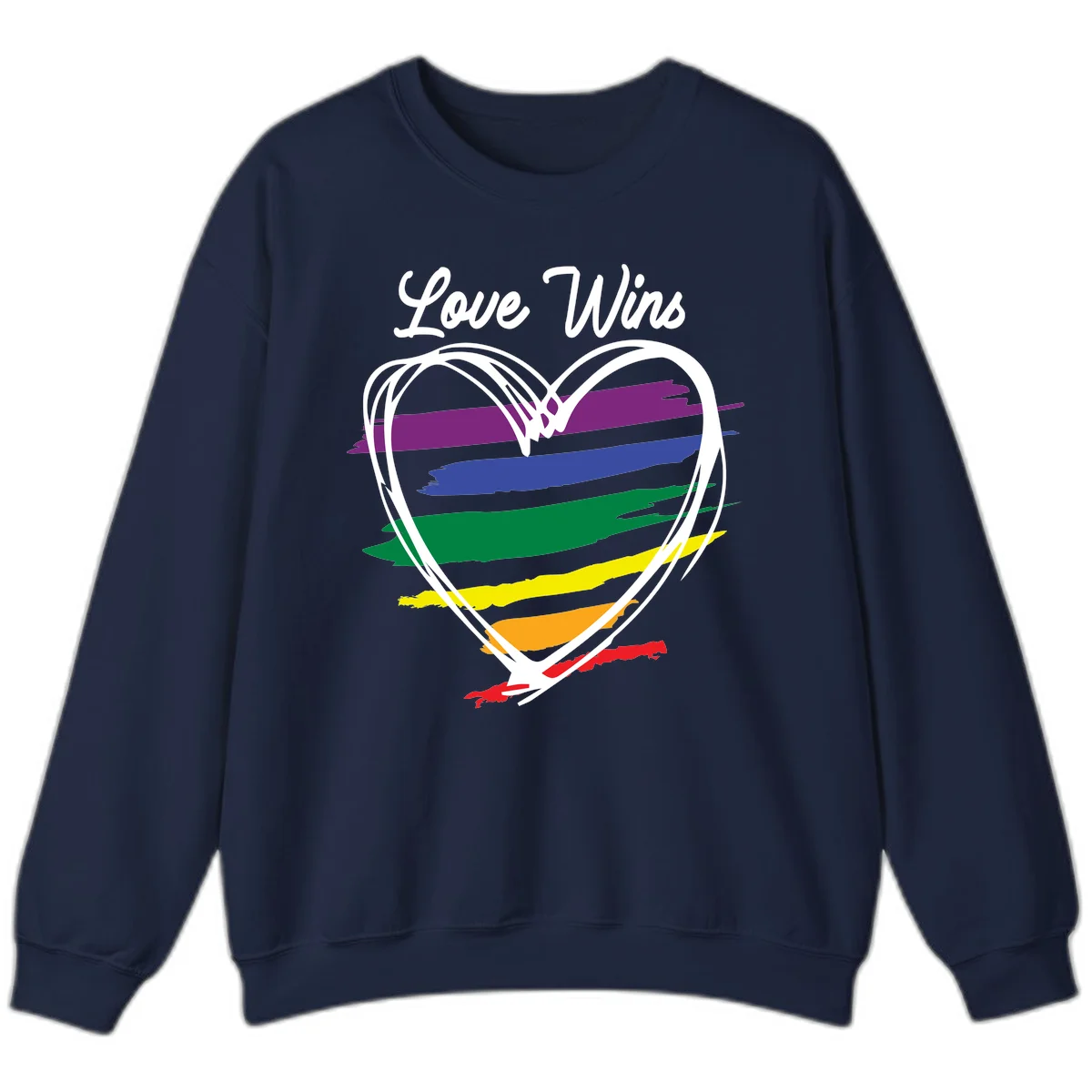 Hand-drawn white heart outline filled with rainbow horizontal stripes in purple, blue, green, yellow, orange, and red with 'Love Wins' text above in Navy