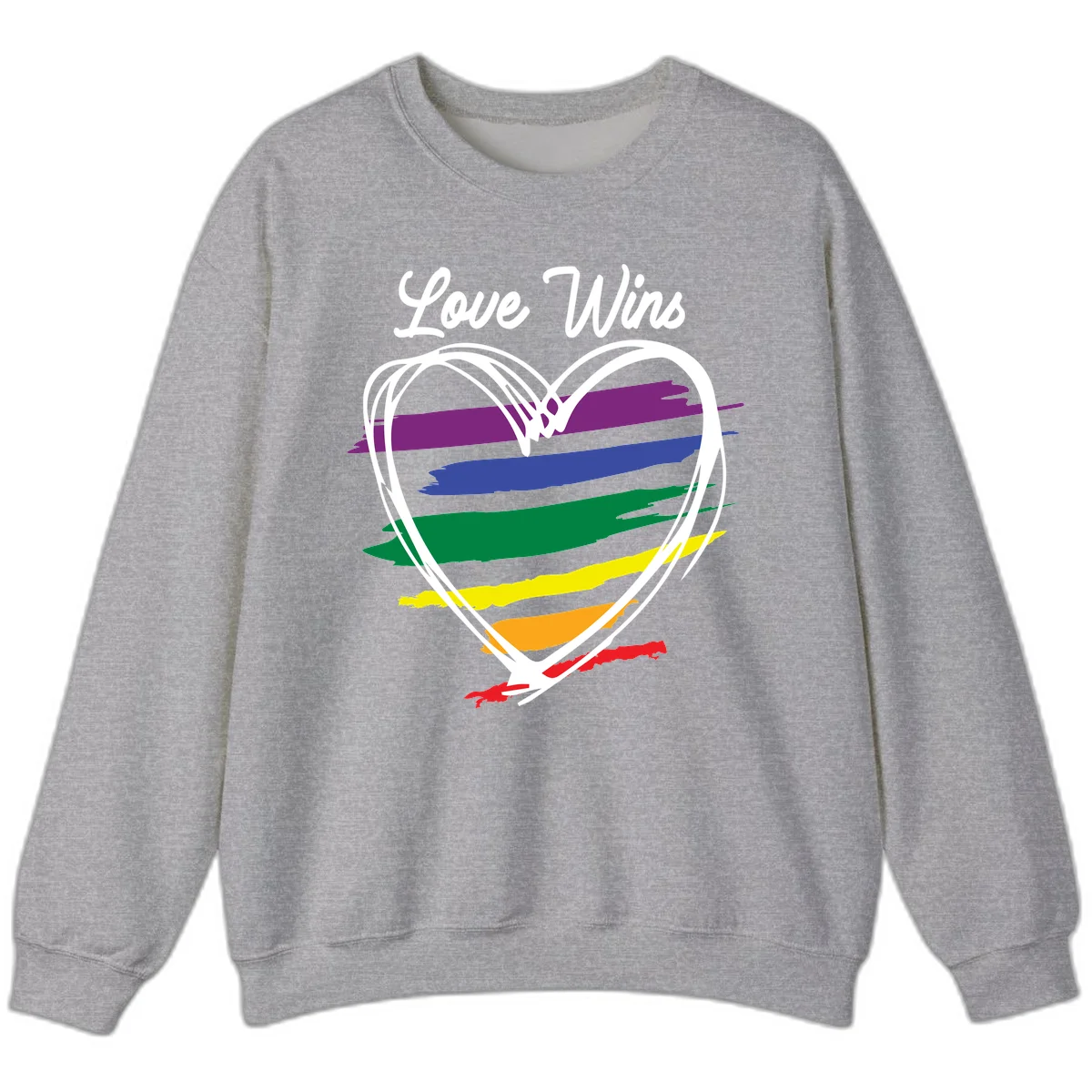 Hand-drawn white heart outline filled with rainbow horizontal stripes in purple, blue, green, yellow, orange, and red with 'Love Wins' text above in Sport Grey