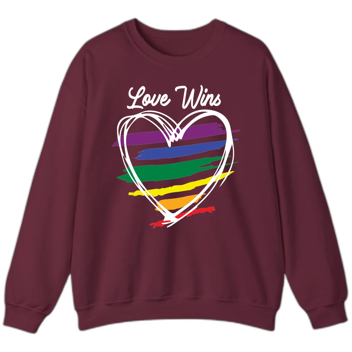 Hand-drawn white heart outline filled with rainbow horizontal stripes in purple, blue, green, yellow, orange, and red with 'Love Wins' text above in Maroon