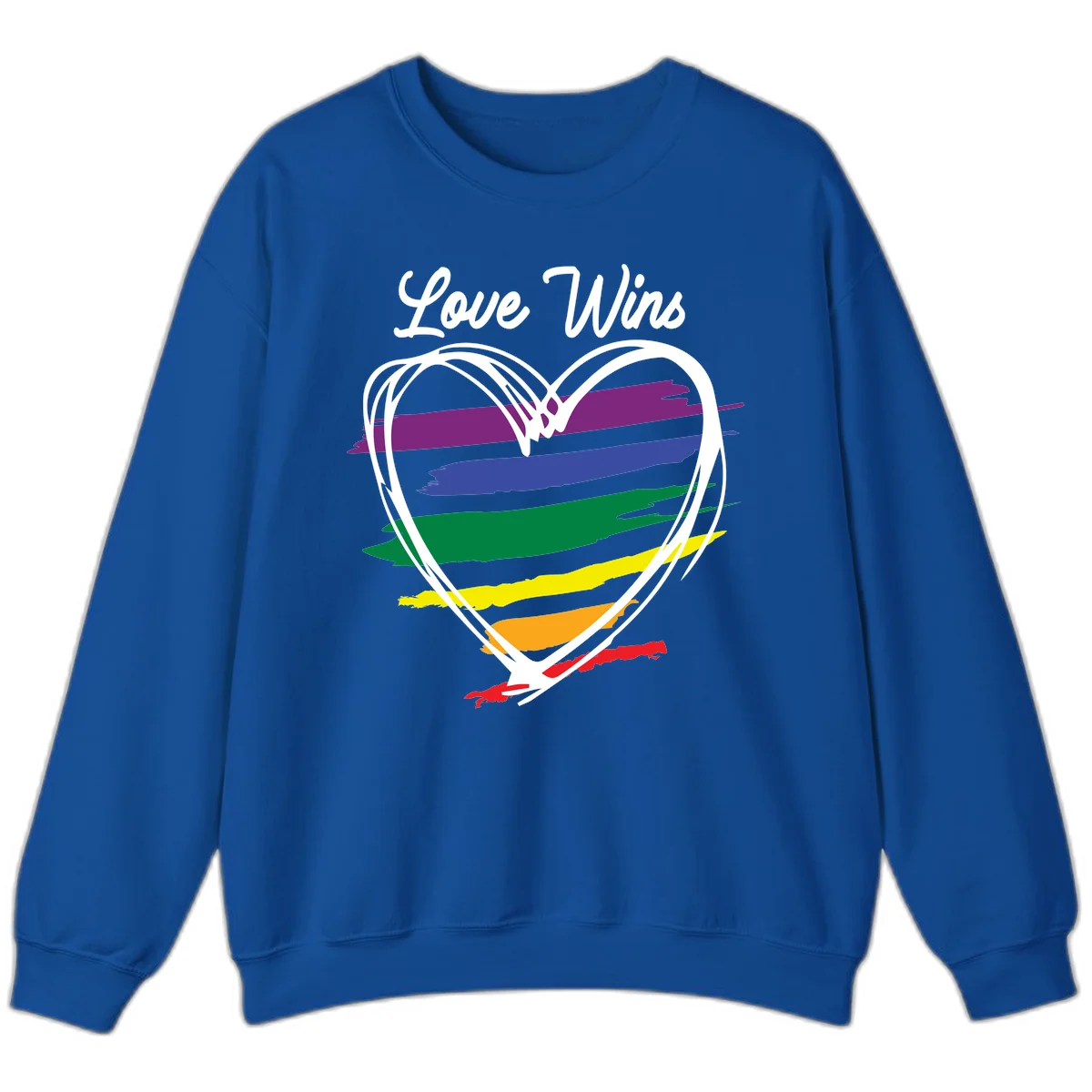 Hand-drawn white heart outline filled with rainbow horizontal stripes in purple, blue, green, yellow, orange, and red with 'Love Wins' text above in Royal