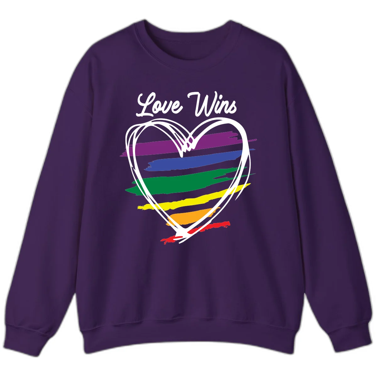 Hand-drawn white heart outline filled with rainbow horizontal stripes in purple, blue, green, yellow, orange, and red with 'Love Wins' text above in Purple