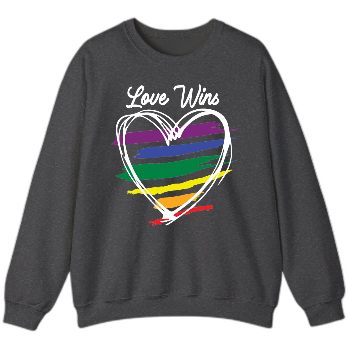 Hand-drawn white heart outline filled with rainbow horizontal stripes in purple, blue, green, yellow, orange, and red with 'Love Wins' text above in Dark Heather